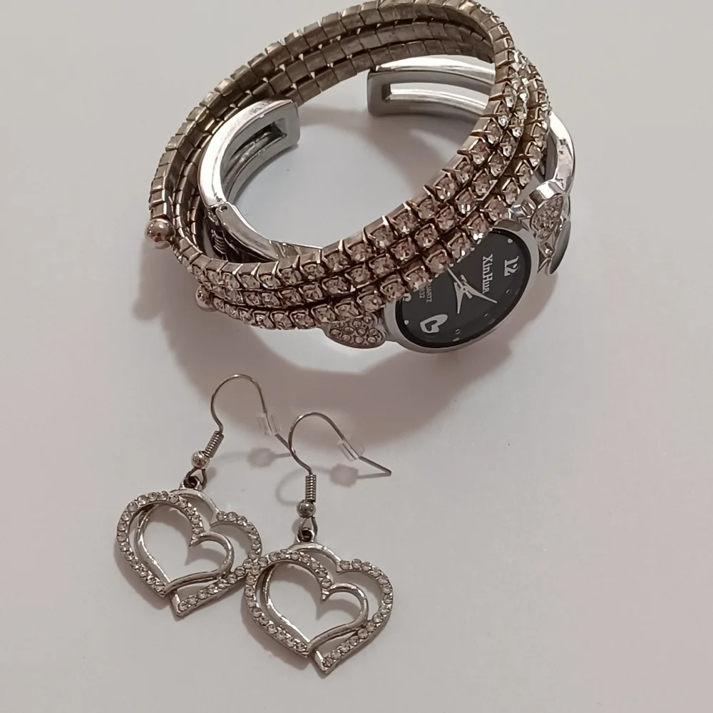 Bundle Of Silver Watch, Bracelet, Hearts Dangle Earrings 3 Piece Jewelry Set